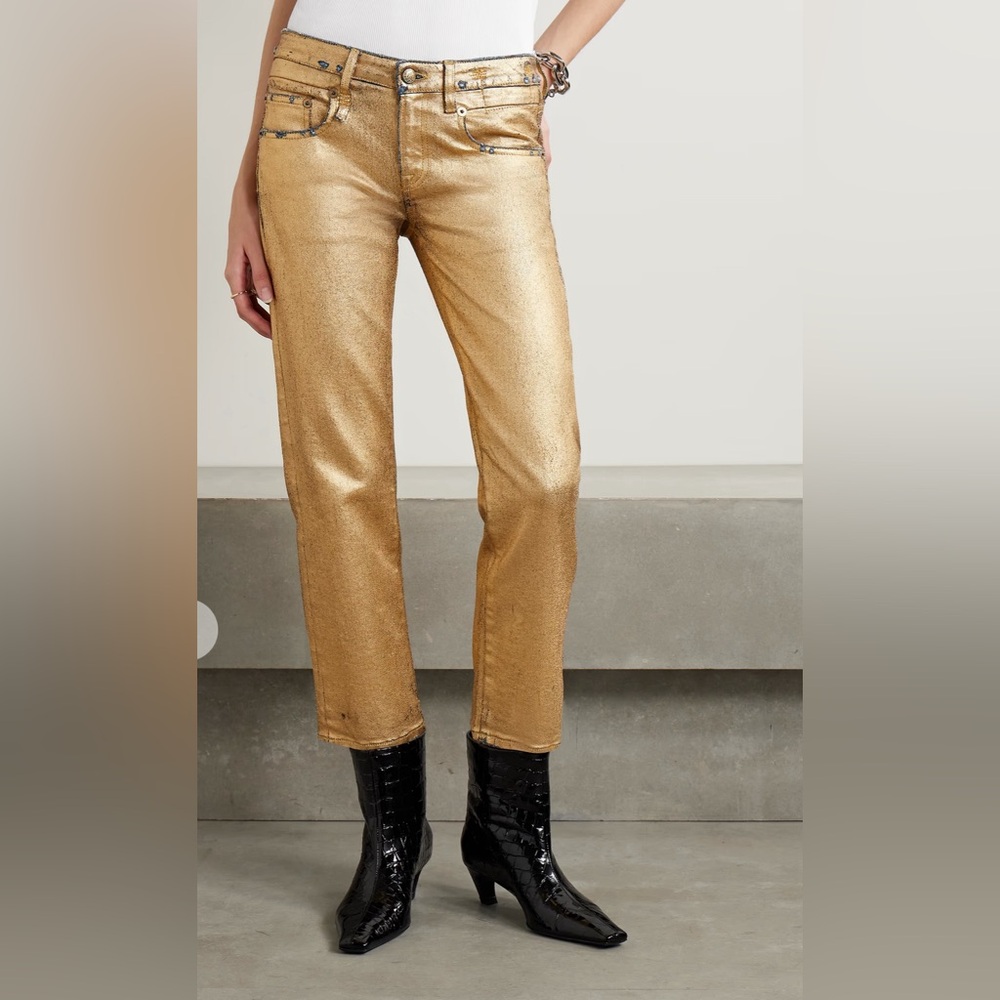 R13
Cropped metallic coated mid-rise straight-leg jeans. New without tags